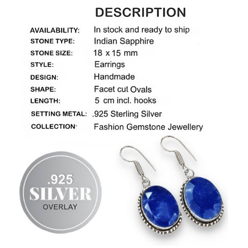 Handmade Indian Sapphire Oval Gemstone 925 Silver Earrings