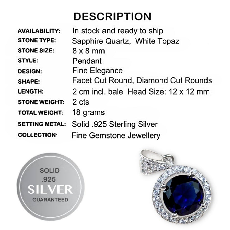 2 cts Sapphire Quartz, White Topaz In Solid.925 Sterling Silver Pendant