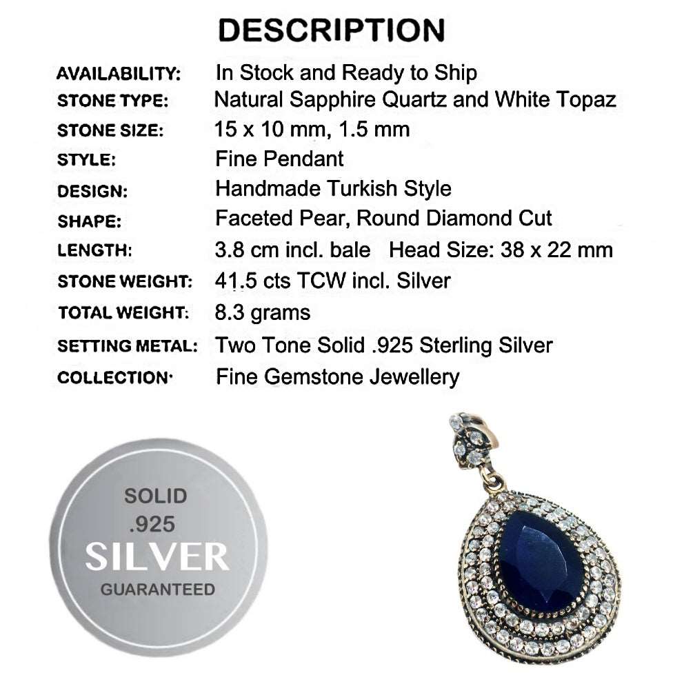 Two Tone Turkish Sapphire Quartz, White Topaz In Solid.925 Sterling Silver Pendant