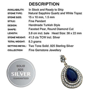 Two Tone Turkish Sapphire Quartz, White Topaz In Solid.925 Sterling Silver Pendant