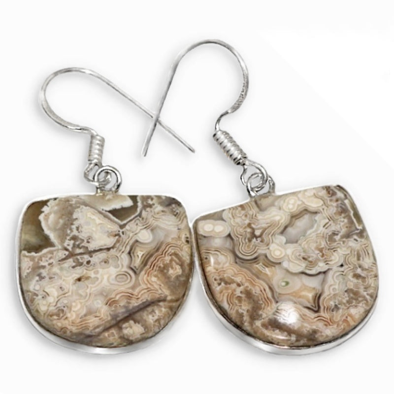 Natural Mexican Laguna Lace Agate Gemstone 925 Sterling Silver Earrings