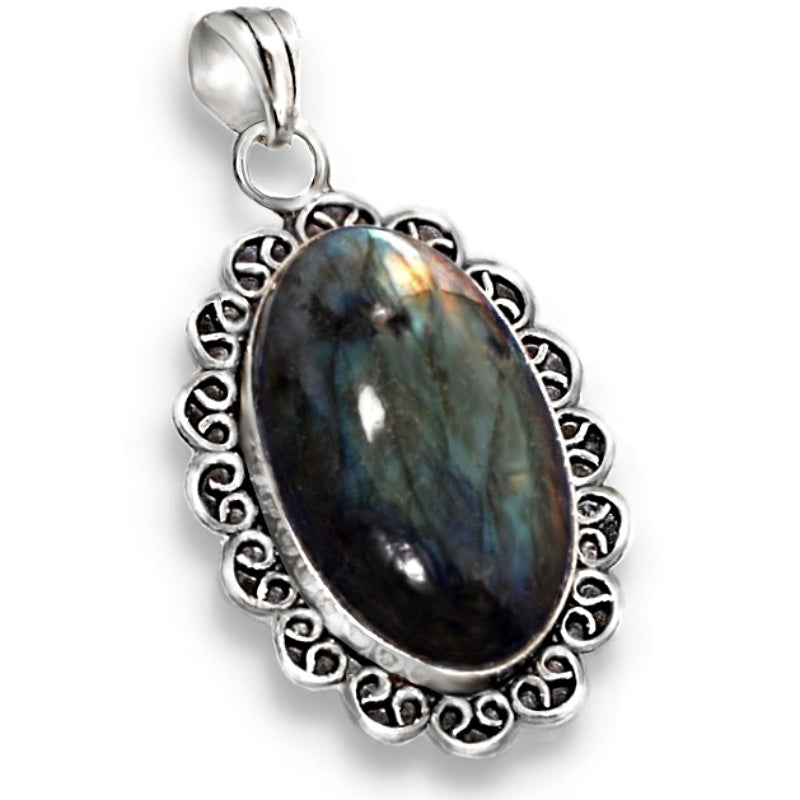 Natural Blue Fire Labradorite Gemstone .925 Sterling Silver Pendant