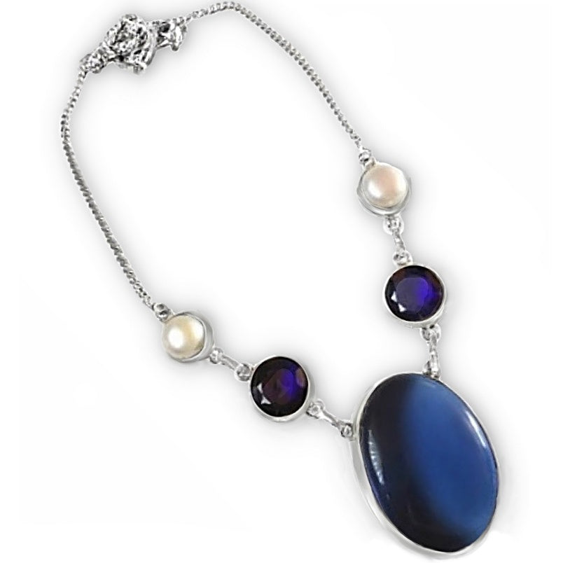 Sapphire Blue Quartz, Chalcedony, Pearl Gemstone .925 Silver Necklace