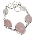 Natural Rose Quartz Gemstone with Leaf Charm .925 Sterling Silver Bracelet