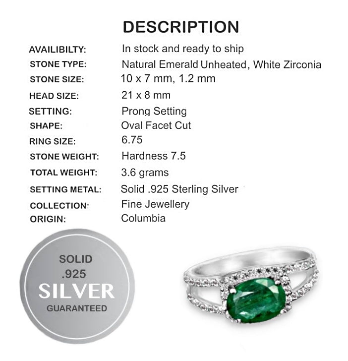 25.80ct Natural Colombian Emerald, Cubic Zirconia Solid .925 Silver White Gold sz 6.75