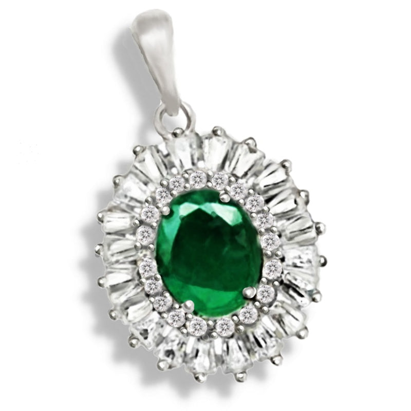 Earth mined Zambian Emerald ,White CZ Gemstone In Solid .925 Silver Pendant