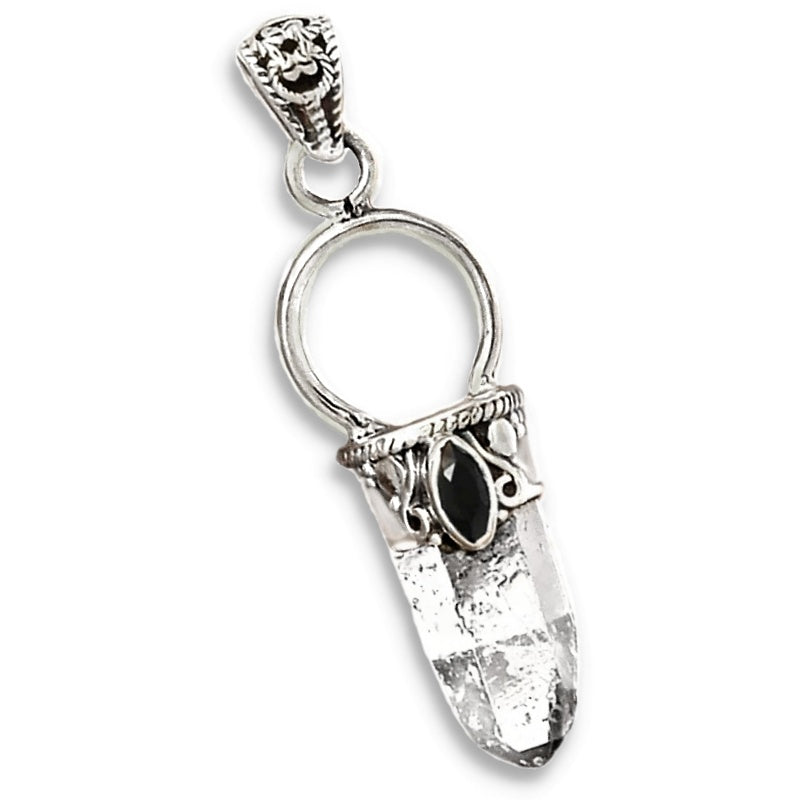 Natural Herkimer, Black Onyx Solid .925 Sterling Silver Pendant