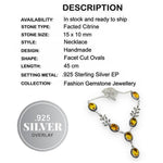 Faceted Citrine Oval Gemstones with Leaf Detailing .925 Sterling Silver Plated Necklace