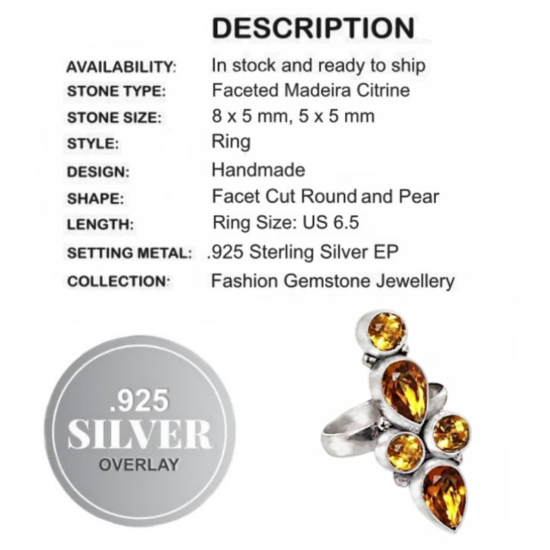 Handmade Citrine Gemstone .925 Silver Ring Size 6.5