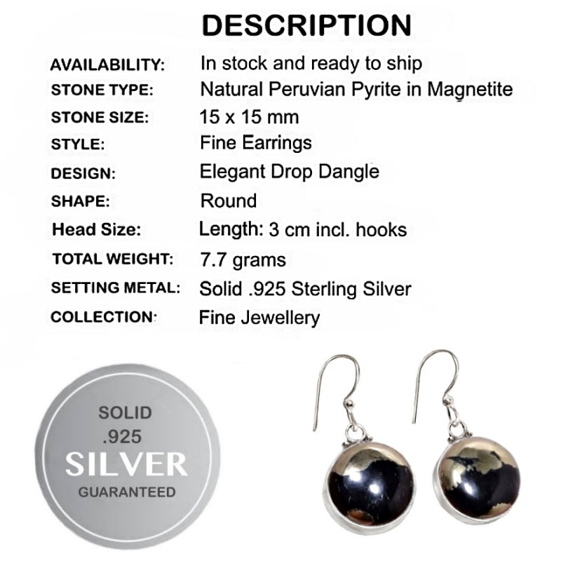 Dainty Peruvian Natural Golden Pyrite in Magnetite set in Solid .925 Sterling Silver Earrings