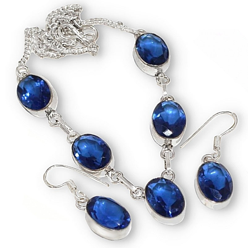 Dainty Sapphire Blue Quartz Gemstone .925 Silver Necklace and Earrings Set