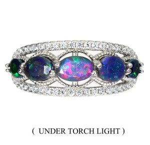 Genuine Unheated Rainbow Black Fire Opal White CZ Gemstone .925 Solid Sterling Silver Ring Sz US 9.5