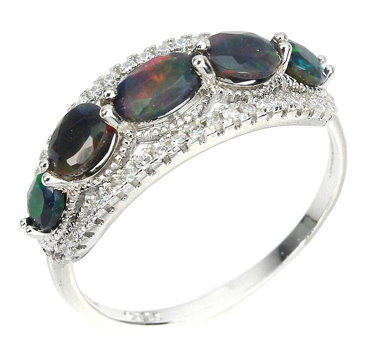 Genuine Unheated Rainbow Black Fire Opal White CZ Gemstone .925 Solid Sterling Silver Ring Sz US 9.5