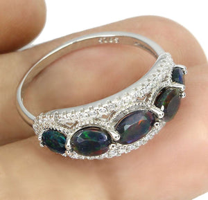 Genuine Unheated Rainbow Black Fire Opal White CZ Gemstone .925 Solid Sterling Silver Ring Sz US 9.5