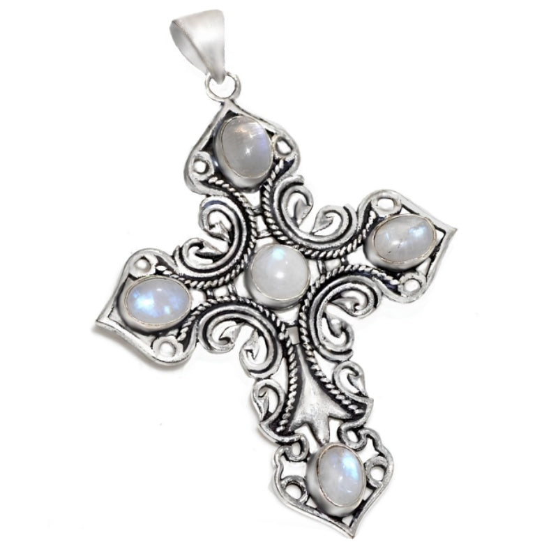 Handmade Antique Style Natural Rainbow Moonstone .925 Sterling Silver Cross Pendant