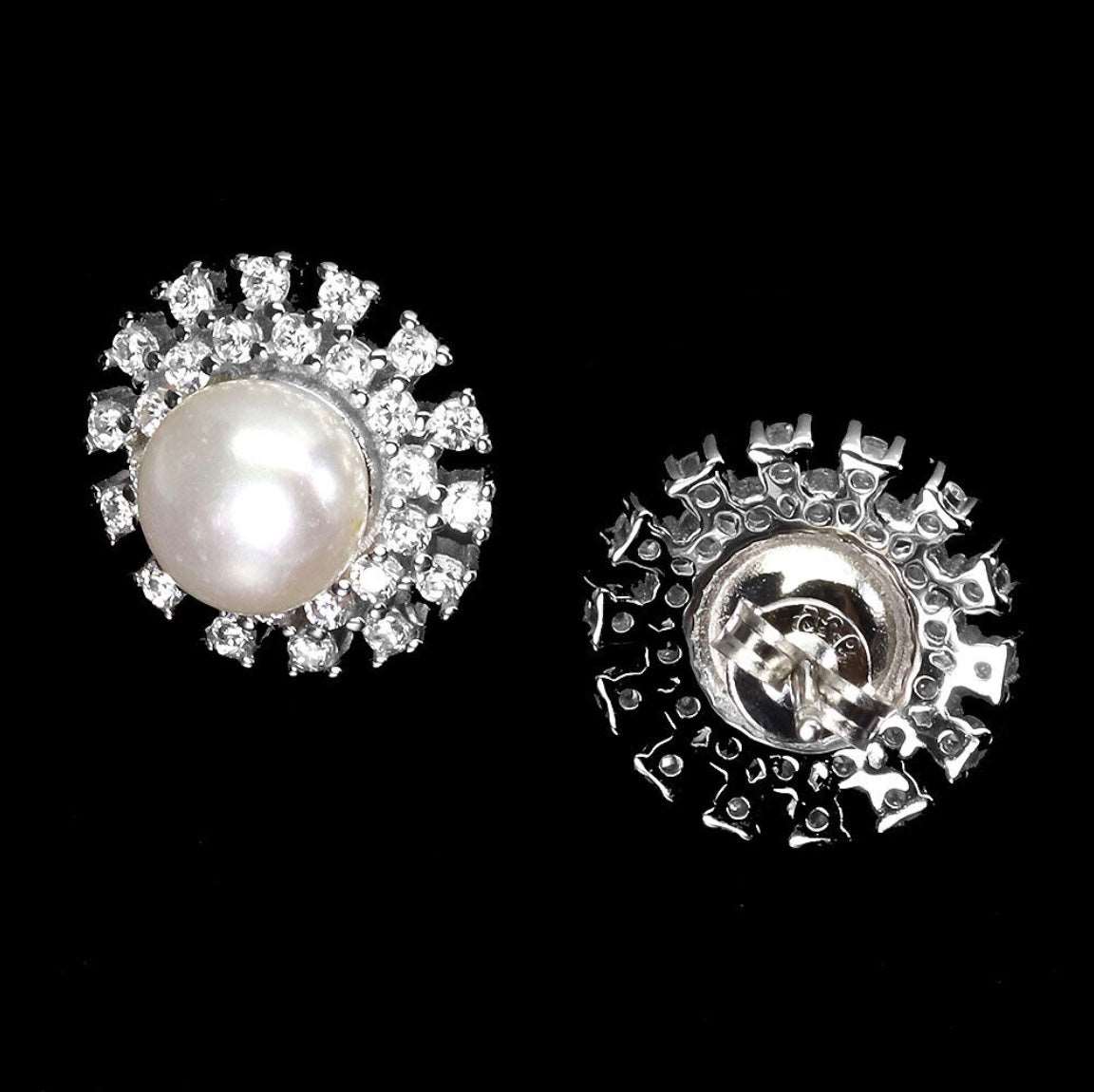 Deluxe 8 mm Natural Freshwater White Pearl, White CZ Solid .925 Silver 14K White Gold Stud Earrings