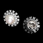 Deluxe 8 mm Natural Freshwater White Pearl, White CZ Solid .925 Silver 14K White Gold Stud Earrings