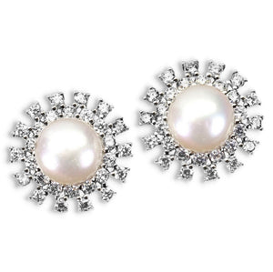 Deluxe 8 mm Natural Freshwater White Pearl, White CZ Solid .925 Silver 14K White Gold Stud Earrings