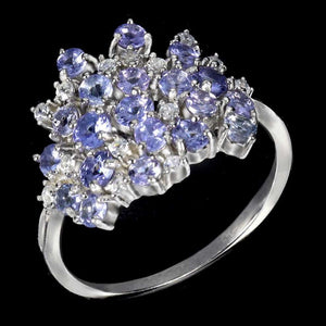 Natural Unheated Tanzanite and AAA White Cubic Zirconia Ring in Solid .925 Silver Size US 8 /Q