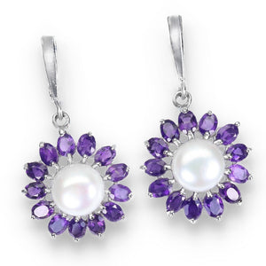 Deluxe Natural Purple Amethyst And White Pearl Gemstone .925 Sterling Silver Earrings