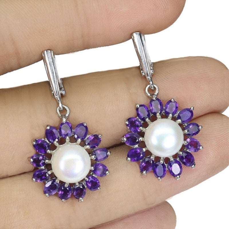 Deluxe Natural Purple Amethyst And White Pearl Gemstone .925 Sterling Silver Earrings