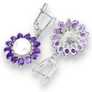 Deluxe Natural Purple Amethyst And White Pearl Gemstone .925 Sterling Silver Earrings