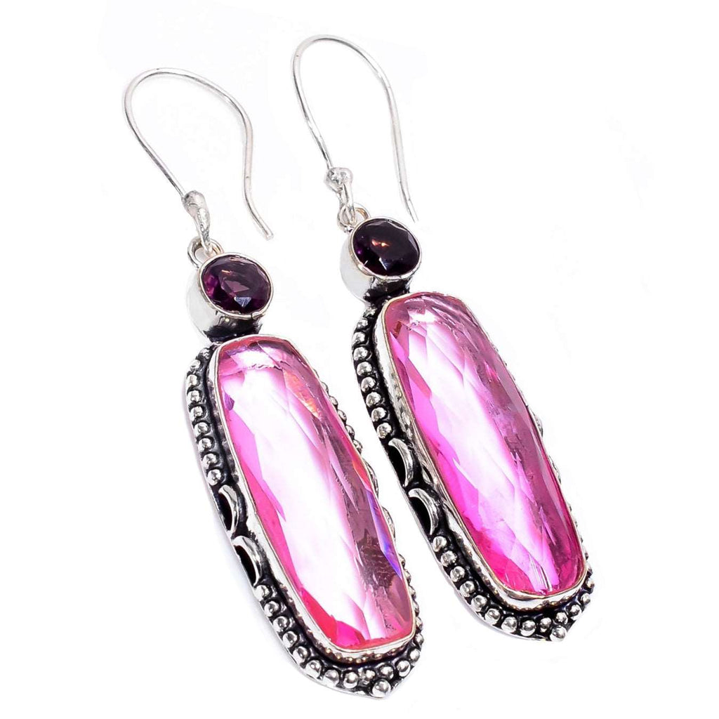 Handmade Pink Topaz and Purple Amethyst Gemstones .925 Silver Drop Dangle Earrings