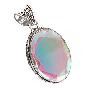 Handmade Antique Style Aqua Pink Green Fire Topaz Gemstone .925 Sterling Silver Pendant