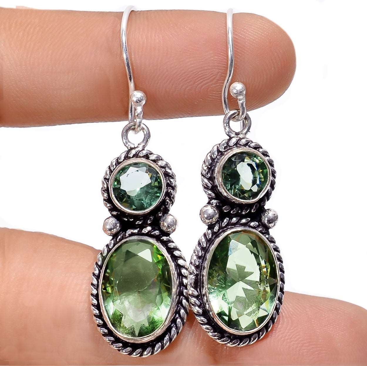 Handmade Dainty Green Amethyst Oval Shape Gemstone .925 Sterling Silver Earrings