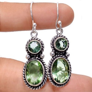 Handmade Dainty Green Amethyst Oval Shape Gemstone .925 Sterling Silver Earrings