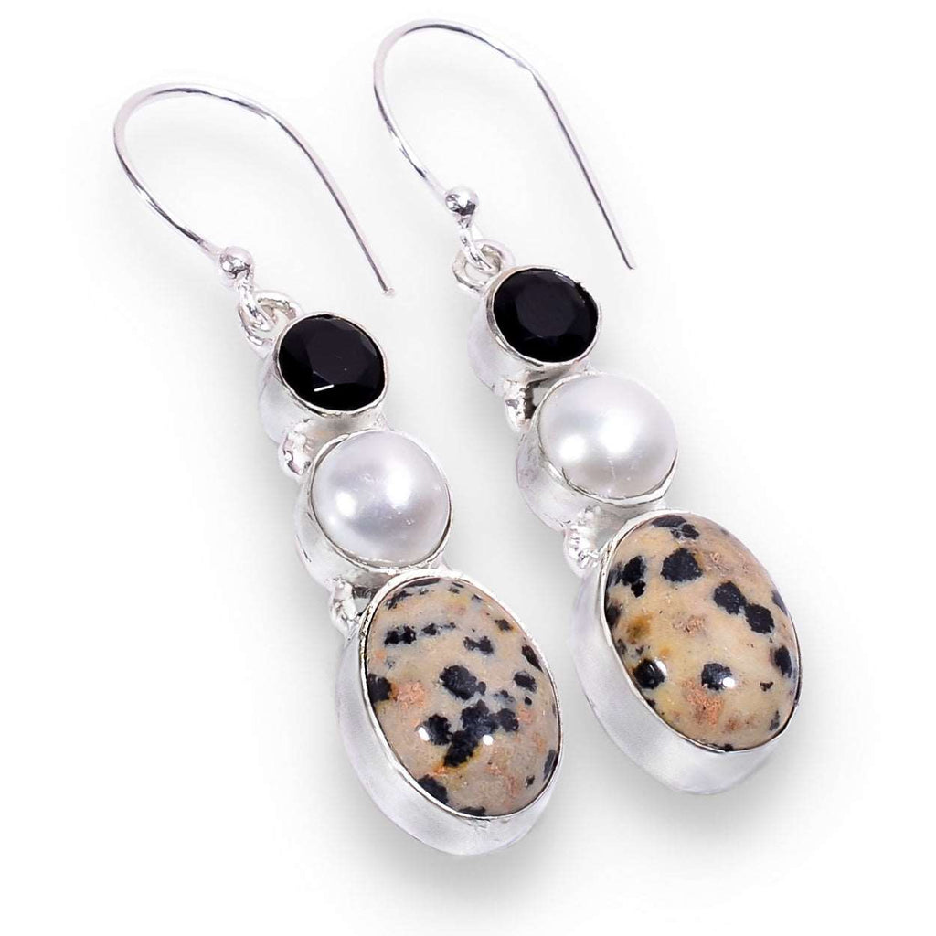 Natural Dalmation Jasper White Pearl and Black Onyx Gemstone .925 Sterling Silver Earrings