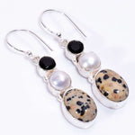 Natural Dalmation Jasper White Pearl and Black Onyx Gemstone .925 Sterling Silver Earrings