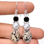 Natural Dalmation Jasper White Pearl and Black Onyx Gemstone .925 Sterling Silver Earrings