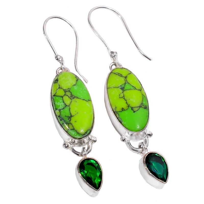 Handmade Natural Green Turquoise and Diopside Gemstone .925 Silver Earrings