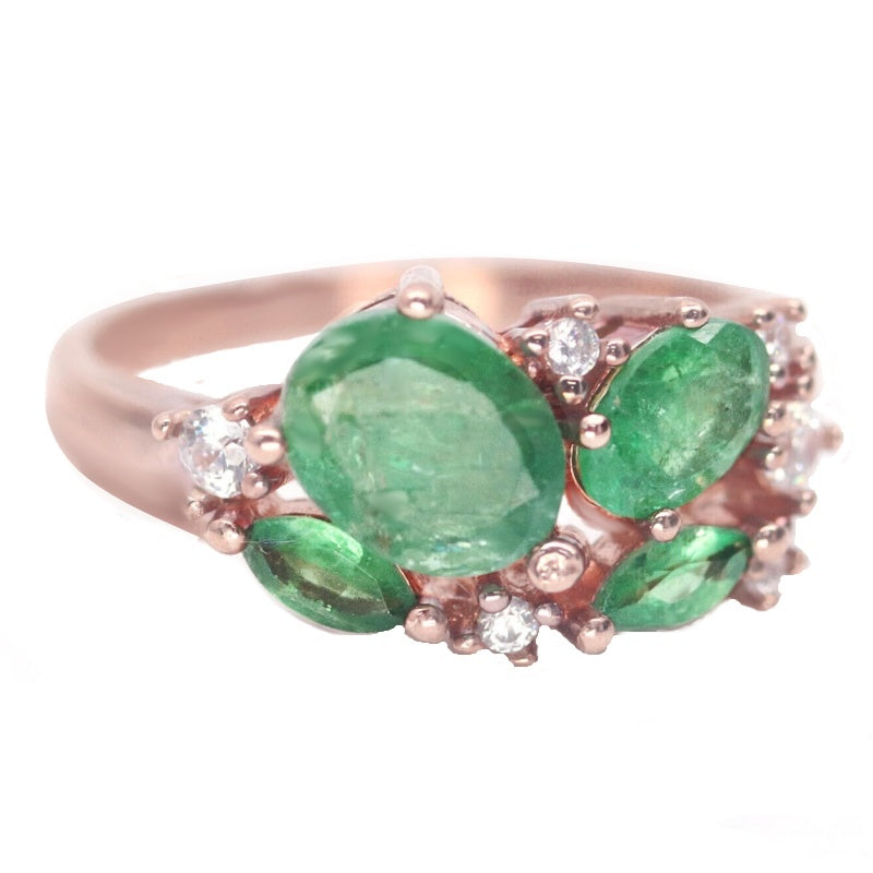 Natural Brazilian Emerald Ovals and AAA White Cubic Zirconia Solid .925 Silver White gold Ring Size 7.25 OR O1/2