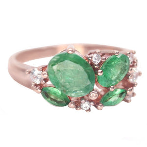 Natural Brazilian Emerald Ovals and AAA White Cubic Zirconia Solid .925 Silver White gold Ring Size 7.25 OR O1/2