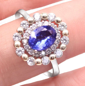 Natural Unheated Tanzanite and AAA White Cubic Zirconia Ring in Solid .925 Silver Size US 7 / O