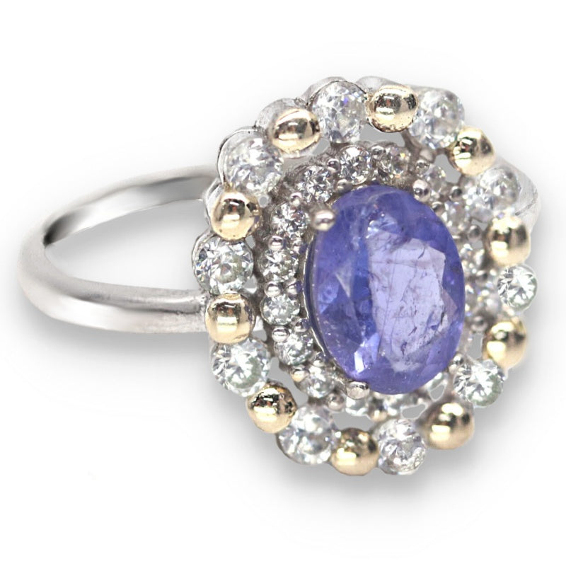 Natural Unheated Tanzanite and AAA White Cubic Zirconia Ring in Solid .925 Silver Size US 7 / O