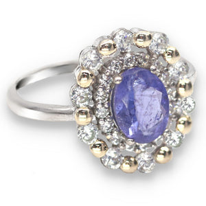 Natural Unheated Tanzanite and AAA White Cubic Zirconia Ring in Solid .925 Silver Size US 7 / O