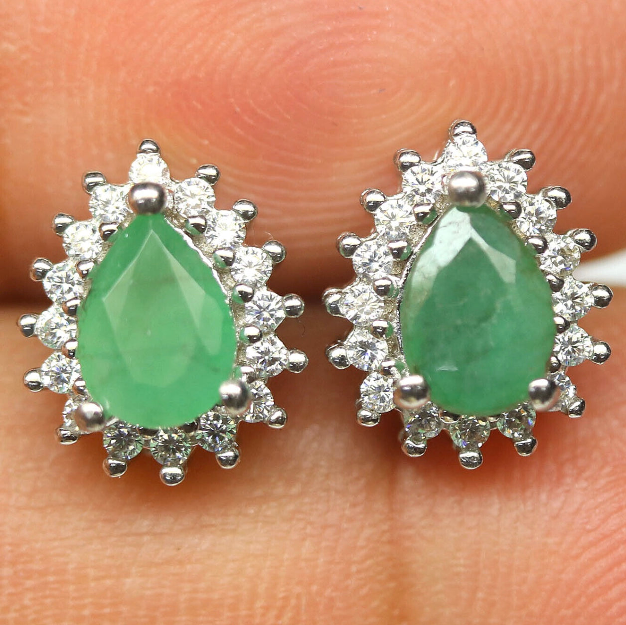 Natural Unheated Zambian Emerald White CZ Solid .925 Sterling Silver 14k White Gold Stud Earrings