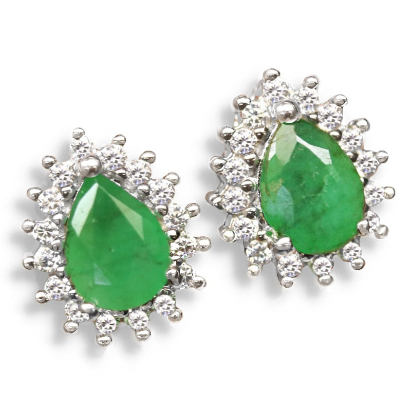 Natural Unheated Zambian Emerald White CZ Solid .925 Sterling Silver 14k White Gold Stud Earrings