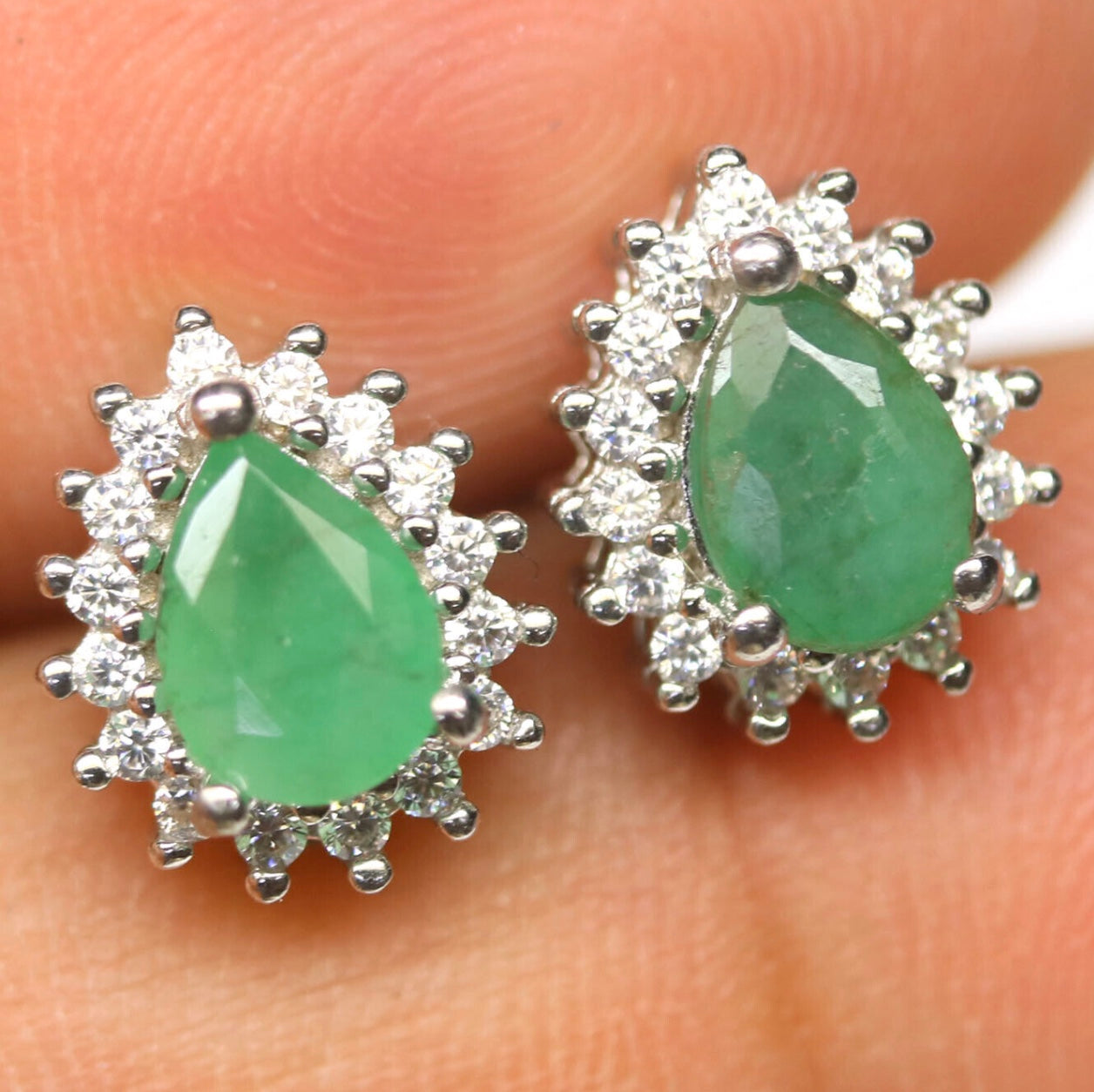 Natural Unheated Zambian Emerald White CZ Solid .925 Sterling Silver 14k White Gold Stud Earrings