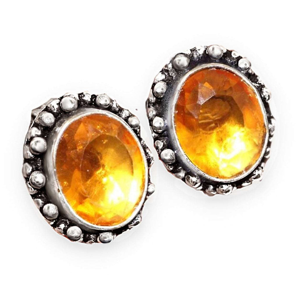 Dainty Oval Golden Citrine Gemstone Antique Style 925 Sterling Silver Plated Stud Earrings