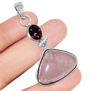 Natural Rose Quartz , Purple Amethyst Mixed Shape Gemstones .925 Sterling Silver Pendant