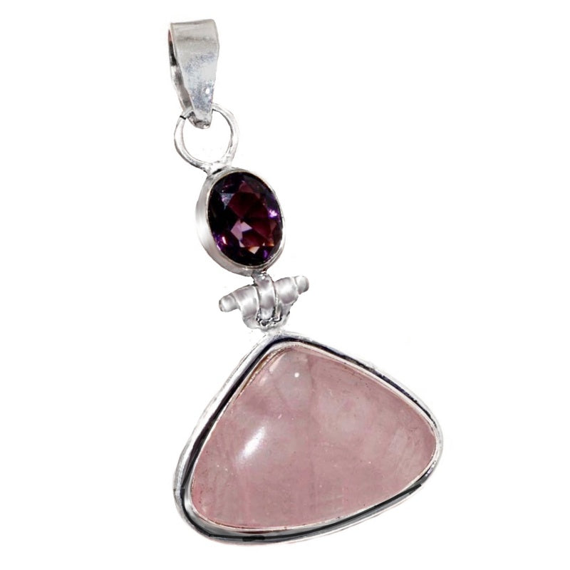 Natural Rose Quartz , Purple Amethyst Mixed Shape Gemstones .925 Sterling Silver Pendant