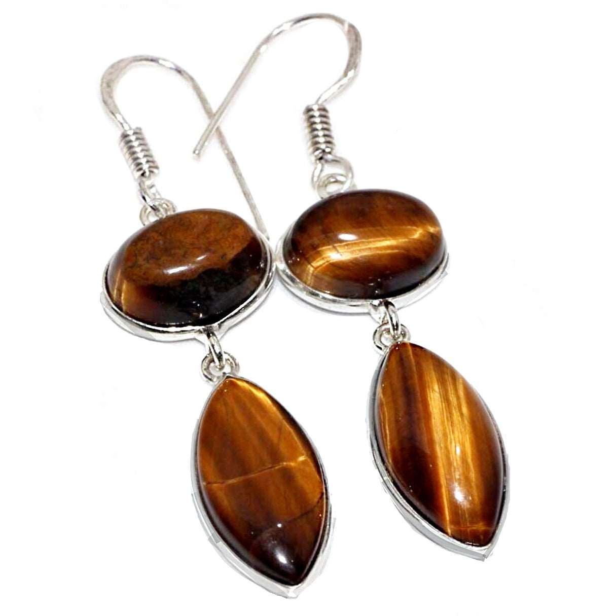 Natural Tigers Eye Mixed Shape Gemstones .925  Sterling Silver Earrings