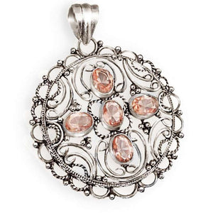 Handmade Antique Style Set Faceted Morganite Oval Gemstones .925 Silver Pendant