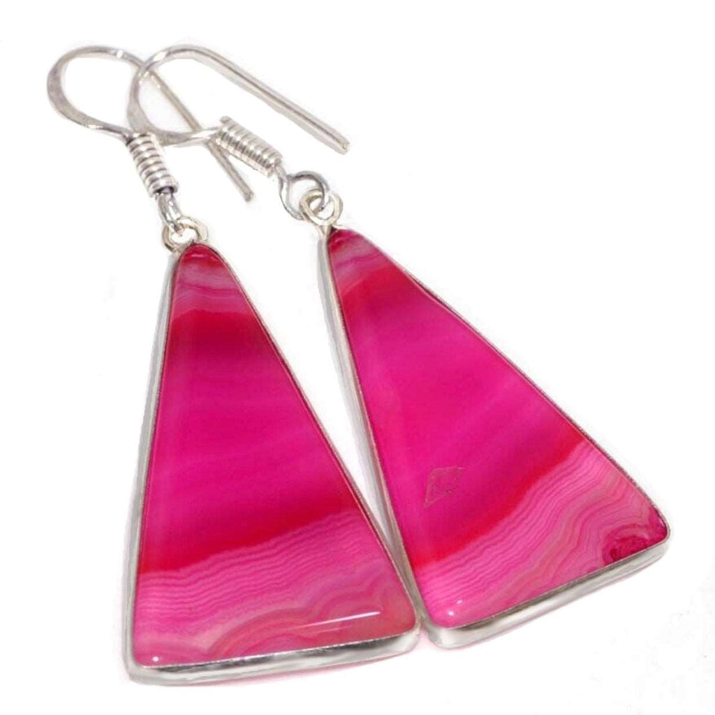 Natural Pink Botswana Lace Agate Elongated Triangle Gemstone .925 Sterling Silver Earrings