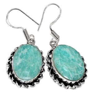 Handmade Natural Peruvian Amazonite Oval Gemstone .925 Sterling Silver Earrings