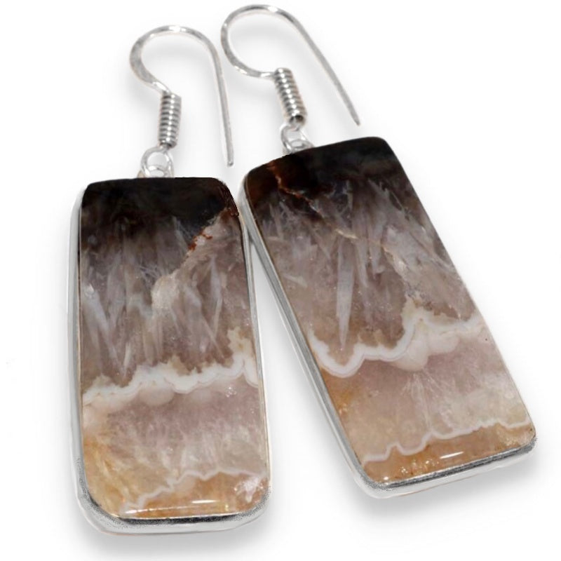 Natural Stick Agate Rectangle Gemstone .925 Sterling Silver Earrings